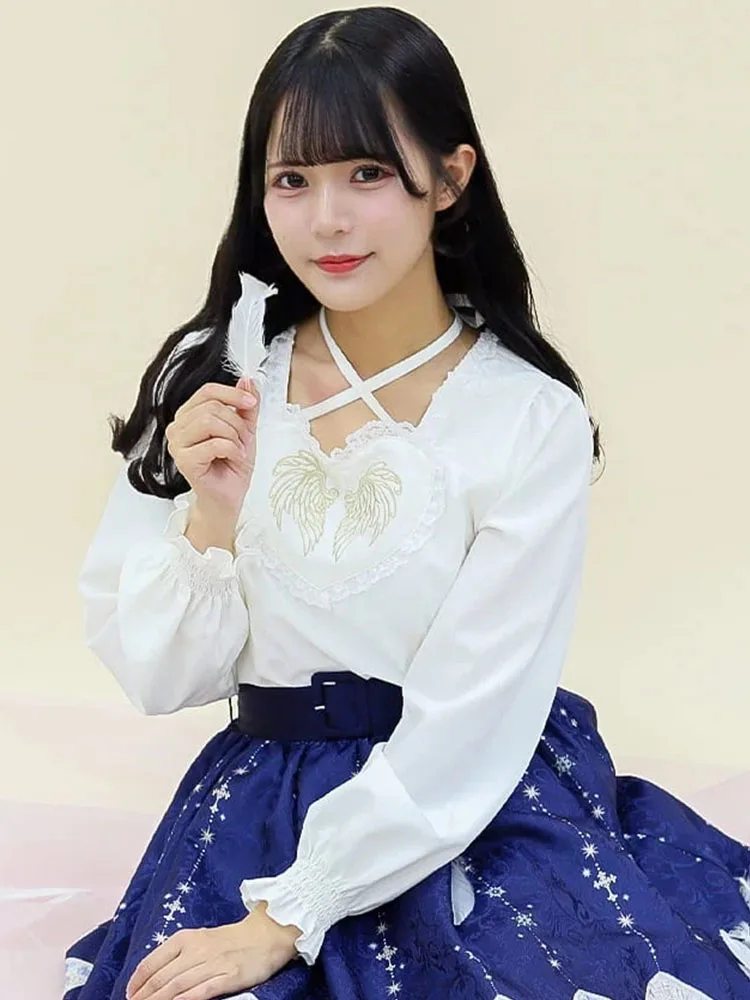 

Женская блузка с вышивкой в виде сердца и крыльев ангела, с завязками, из полиэстера, с длинными рукавами, приталенного кроя