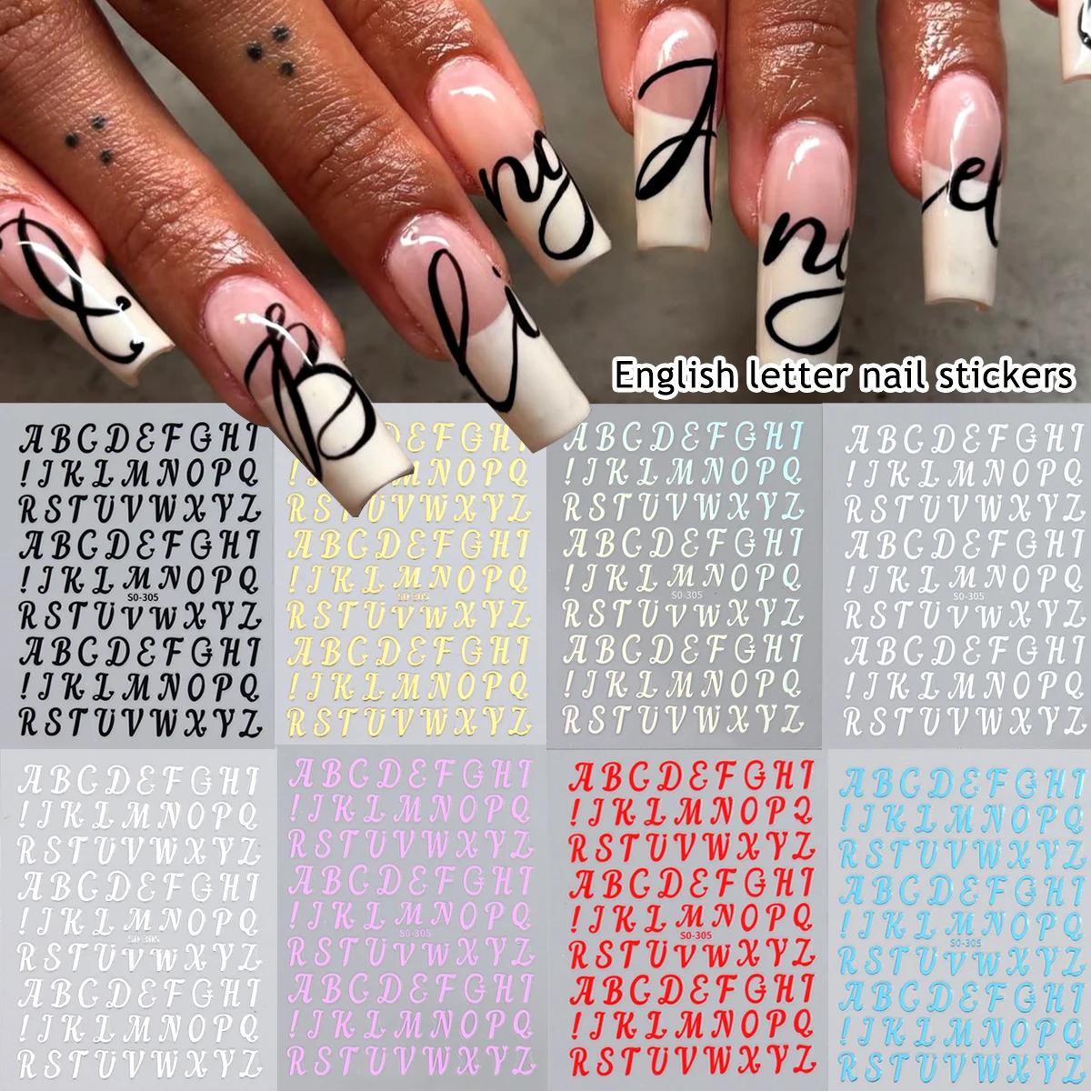 English Letter Nail Sticker 3D Alphabet Nail Decals Black Gold Silver White Pink Red Blue Script Letters For Y2K Gothic Nail Art