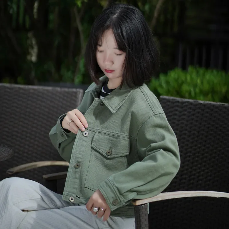 Spring Autumn Fashion Denim Short Jacket Women\'s Green Jean Coat Single-breasted Loose Outerwear Streetwear Cotton Casual Tops