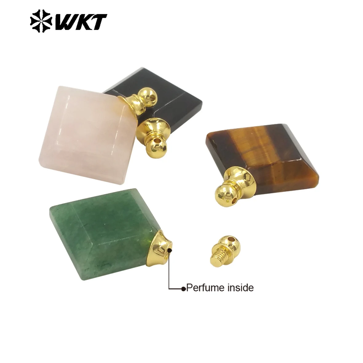 WT-P1980 Geometric Square Shape Colored Natural Gemstone Amethyst Stone Perfume Bottle Accessory Pendants Finding