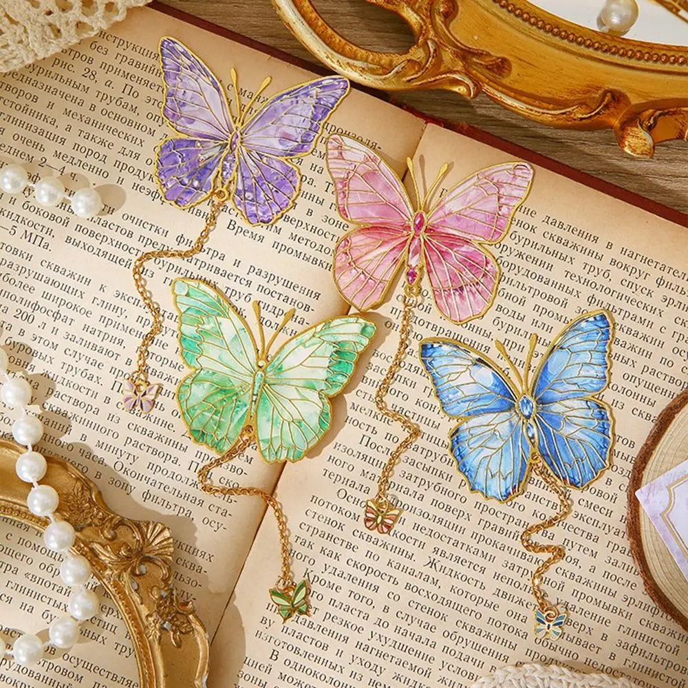

Bronzing Metal Butterfly Bookmark Separator Pages with Pendant Book Page Clips with Chain Exquisite Chinese Style