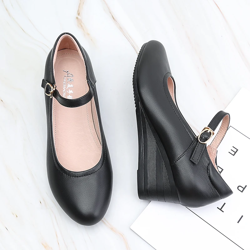 Line Button Mary Jane Shoes Work Shoes Black Professional Shoes Comfortable Slope Heel Shoes Leather Small Size Women\'s Shoes