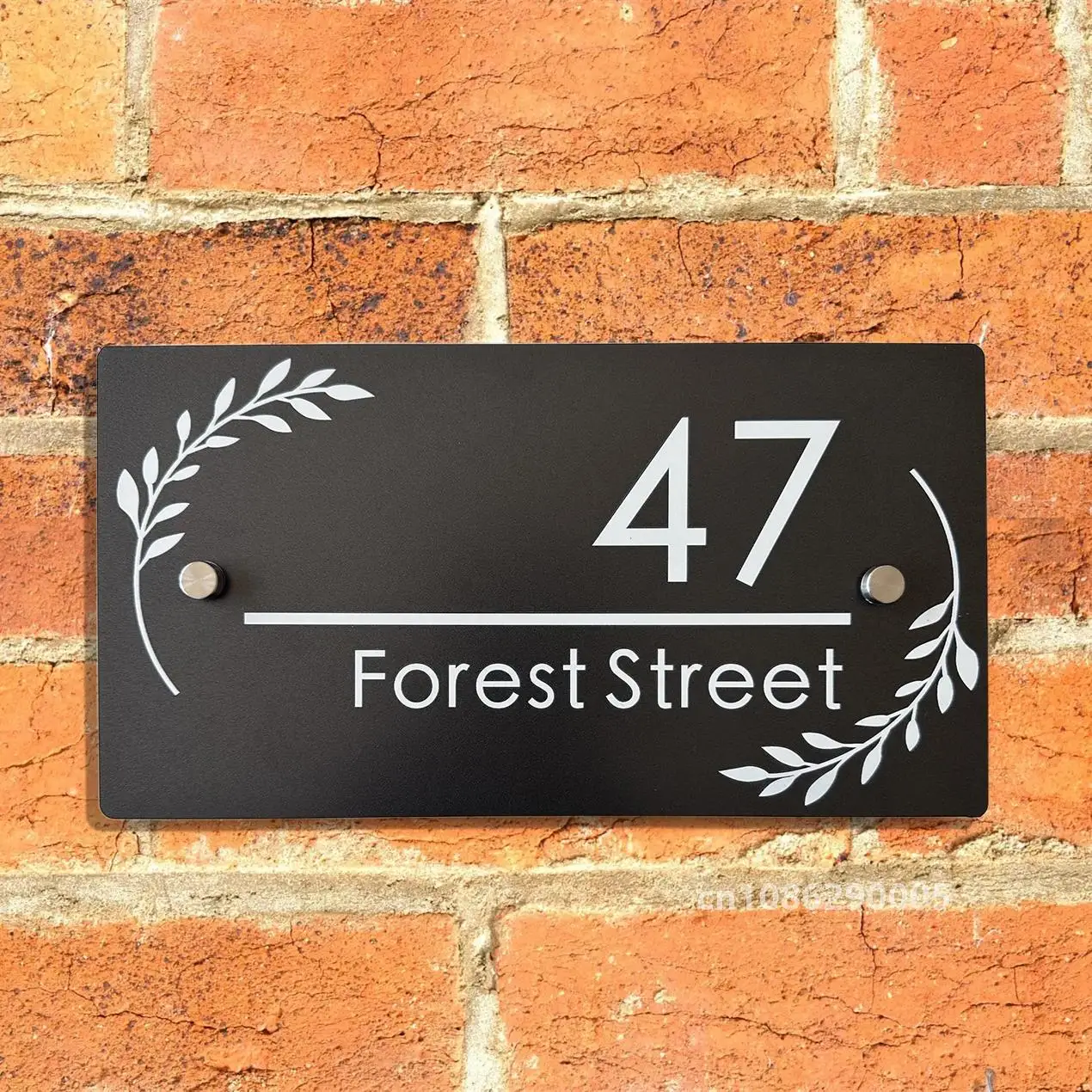 Modern Matte Black House Nameplate and Address Sign with Leaf Print Art, Composite Aluminum Metal Plate, 300mm x 160mm x 4mm