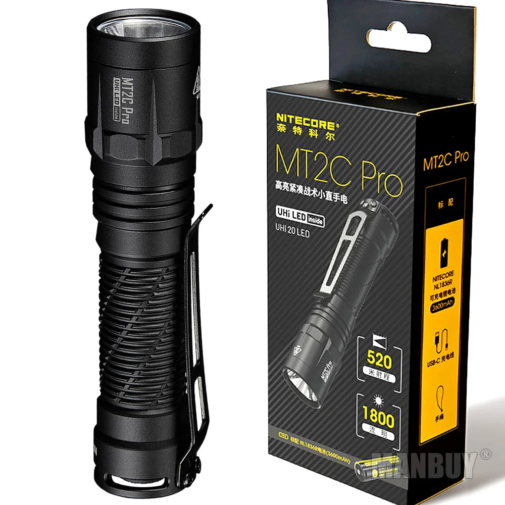 NITECORE MT2C Pro High Output Compact Tactical Flashlight 1800 Lumens UHi20 LED with NL1836R 3600mAh type-C Rechargeable Battery