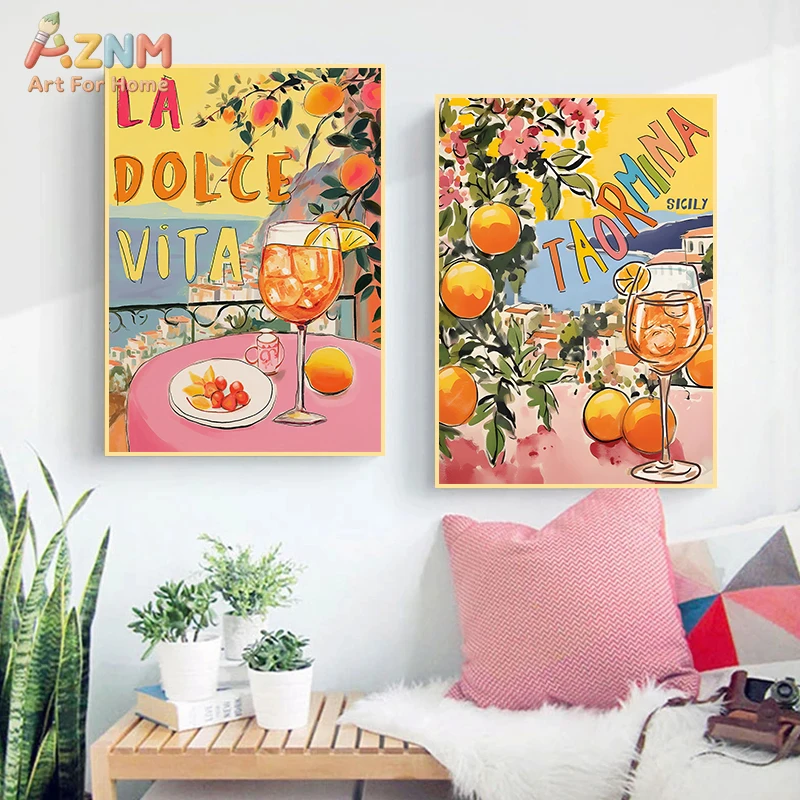 AZNM Italian Amalfi Coast Travel Canvas Wall Art, Lemon Citrus Coastal City Landscape La Dolce Vita Kitchen Home Wall Decor Unfr