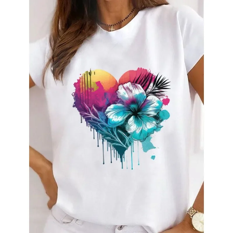 Women's Short-sleeved T-shirt Fashion Bee Flower Print Instagram European Base Shirt Aesthetic Clothes Summer polyester fiber