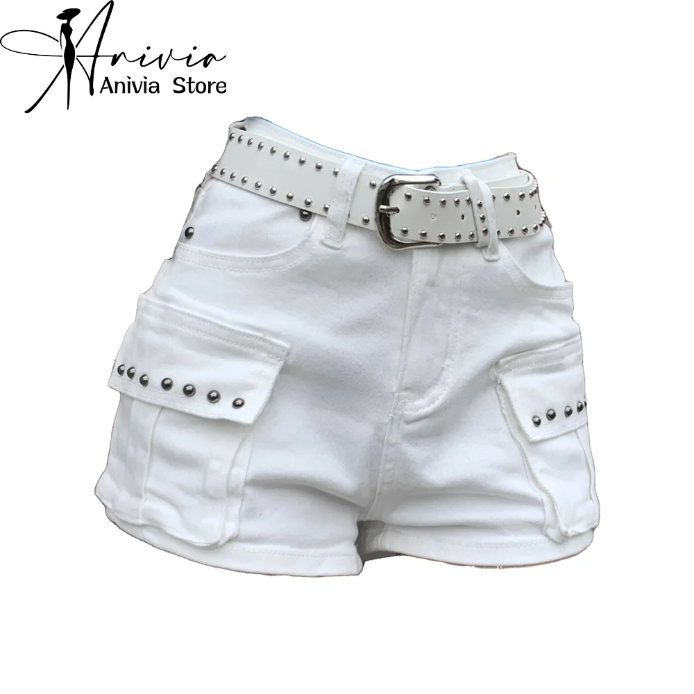 Women's White Stud Detail Denim Shorts Cargo Y2K Harajuku High Street Aesthetic 2000S Style Retro Casual Shorts Clothing 2025