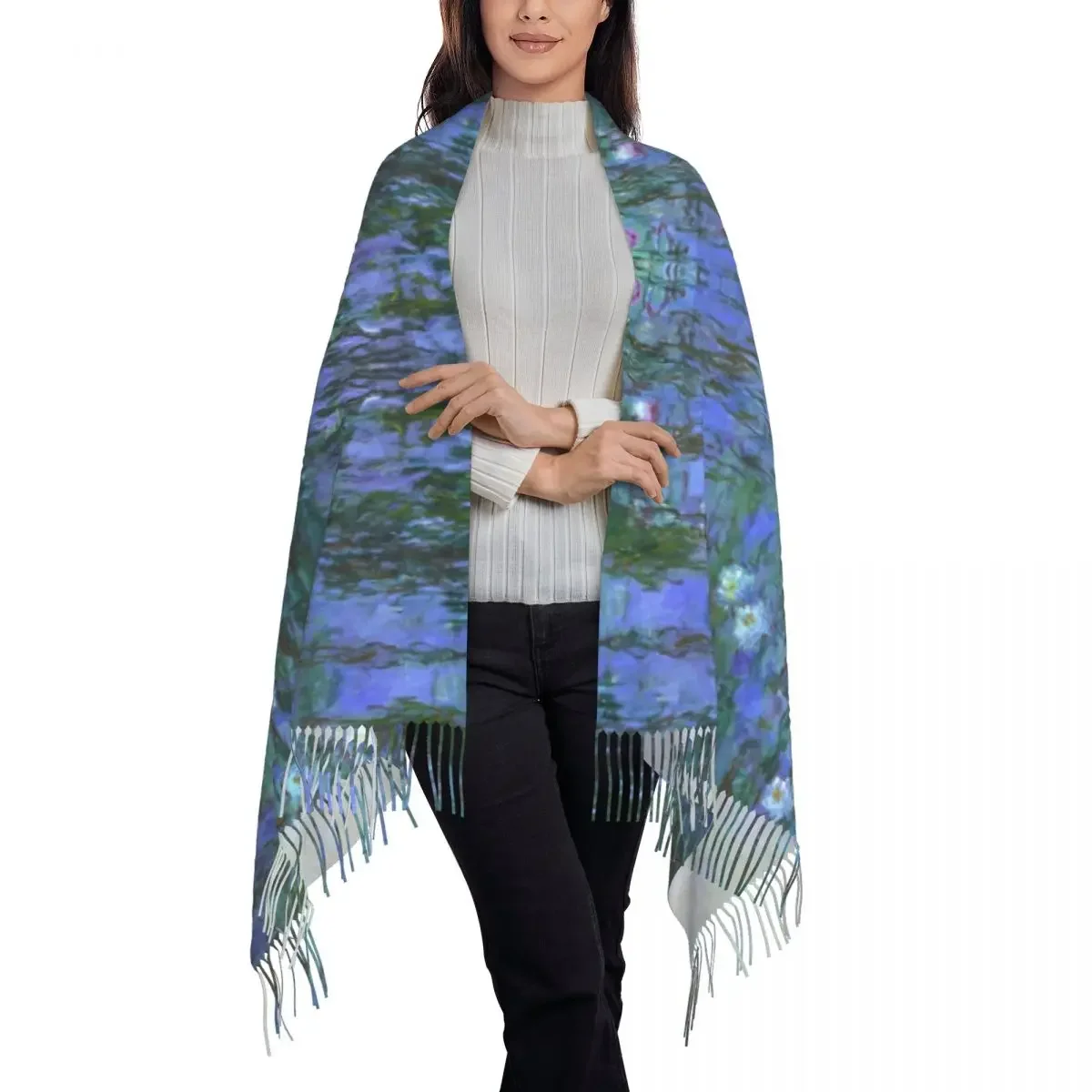 Claude  Water Lilies Scarf for Women Luxury Winter Wrap Shawl Modern Painting Art Tassel Wraps