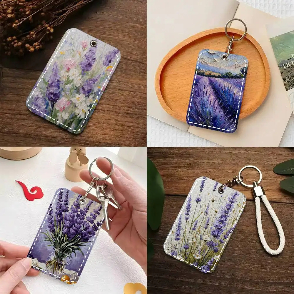 Purple Flower Oil Painting Card Wallet With Keychain PU Leather Printed Pattern Card Holder