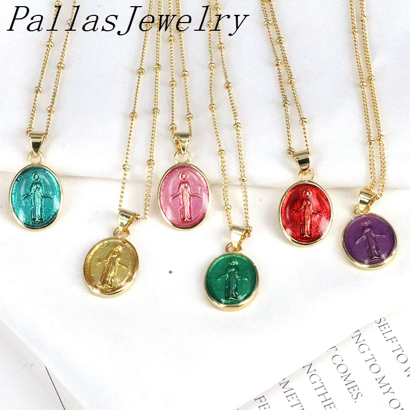 10 Uds., colgante ovalado redondo esmaltado de moda de la Virgen María, collar con medalla de San Guadalupe, accesorios de joyería religiosa