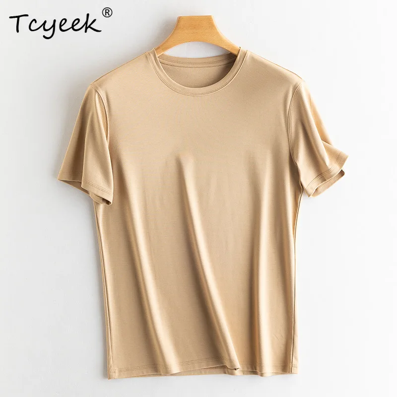 

Tcyeek 7% шелк, 62% хлопок, футболка с коротким рукавом, мужская тонкая свободная дышащая базовая однотонная футболка в культурном стиле, лето 2024, T41479QC