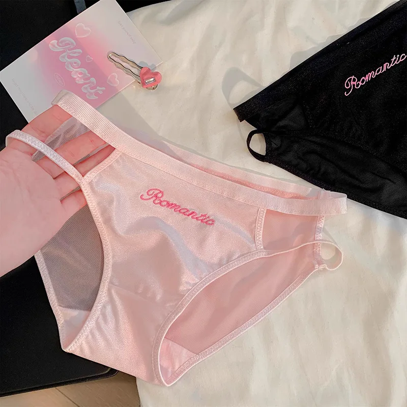 

Sweet pink embroidered letters hollow pure desire large size 100kg underwear thin mesh breathable girl briefs