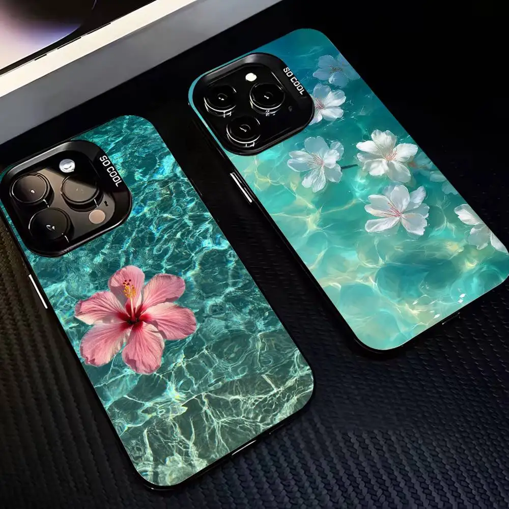 

Чехол для телефона с лепестками воды и рябью для iPhone 17,16,15,14,13,12,11 Plus, Pro Max с черной рамкой и посеребренным покрытием