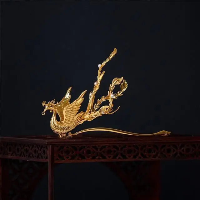 Original Three-Dimensional Phoenix Pure Silver Plated Gold Hanfu Temperament Shooting Supplies Hairpin Women's Chinese Ethnic