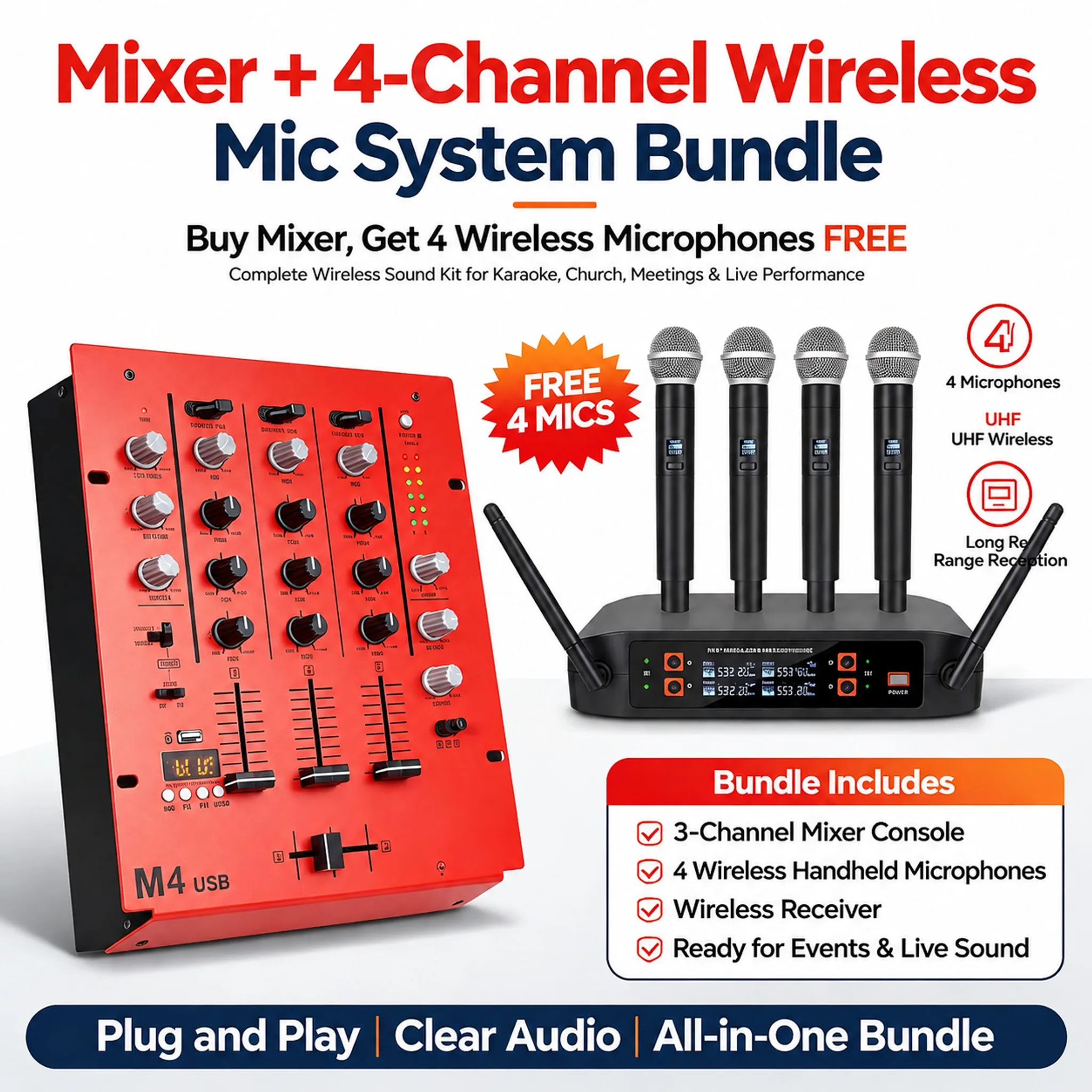 Yamnweo Buy Mixer Get 4 Mics FREE! 3-Channel Audio Mixer & UHF Wireless Microphone System for Karaoke Stage