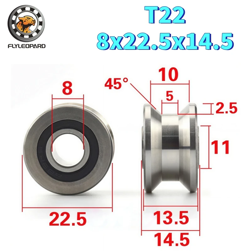 1pcs T-Groove Track Roller Bearing T22  8x22.5x14.5mm Flat Bottom Linear Guide Rail Sliding Wheel for 3D Printer CNC Machine