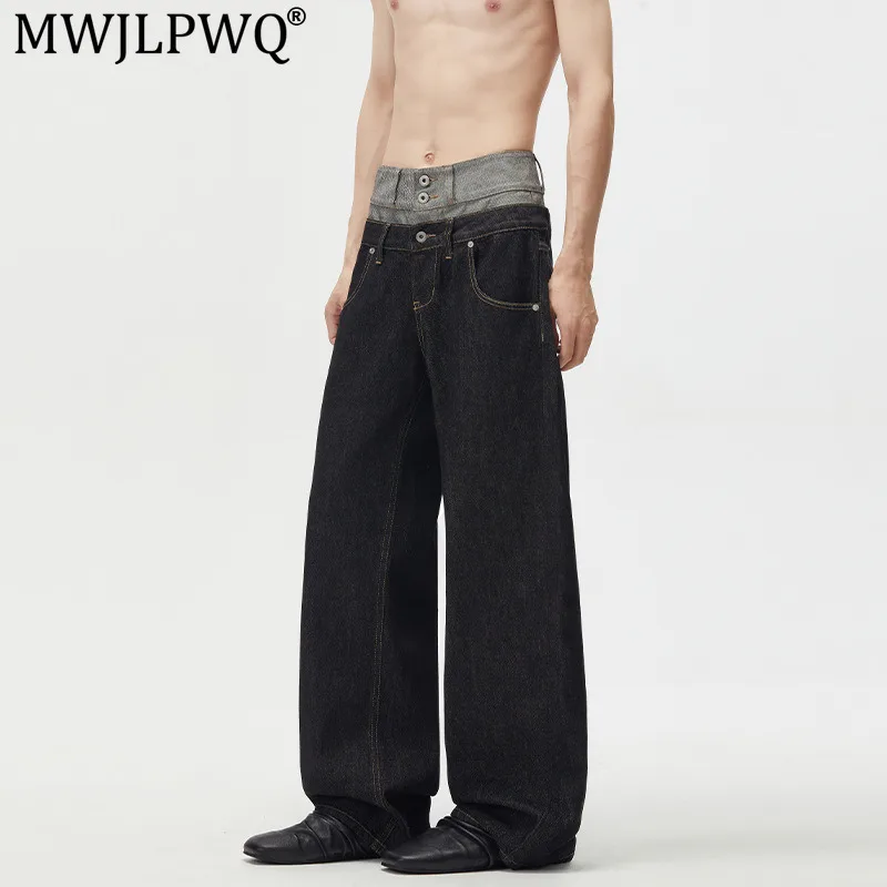 MWJLPWQ Double-Waisted Color-Blocked Jeans For Men High Street Fashion Design Rivet Pockets Unique Loose Denim Pant Street 21179
