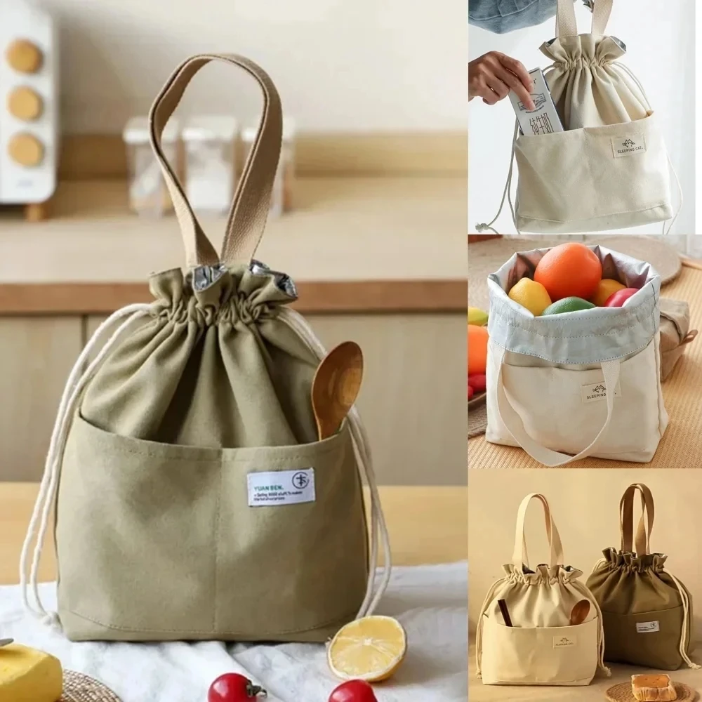 Canvas Drawstring Lunch Bag Reusable Lunch Bag Large Foldable Portable Insulated Handbag Tote bag For Work Picnic Or Travel