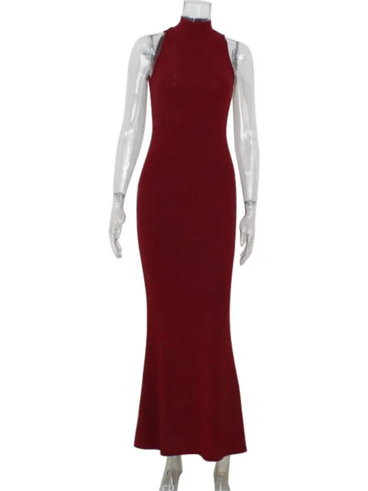 2025 New Women's Elegant Shiny Party Bodycon Robes Sexy Slim Sequins Red Sleeveless Long Dress Fashion Solid Maxi Gown Dresses