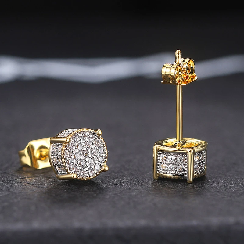 Hiphop Rock Stud Earrings For Women Classic Gold Color Jewelry Crystal Iced Out CZ Piercing Cartilage Ear Accessories Wholesale