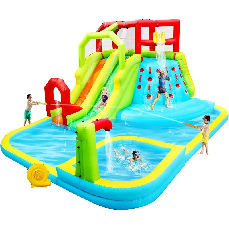 

Water Slide Park, Bouncy Castle with Deep Pool, 3 Inflatable Sport Balls and 4 Water Guns, Jumping Castle with Air Bl