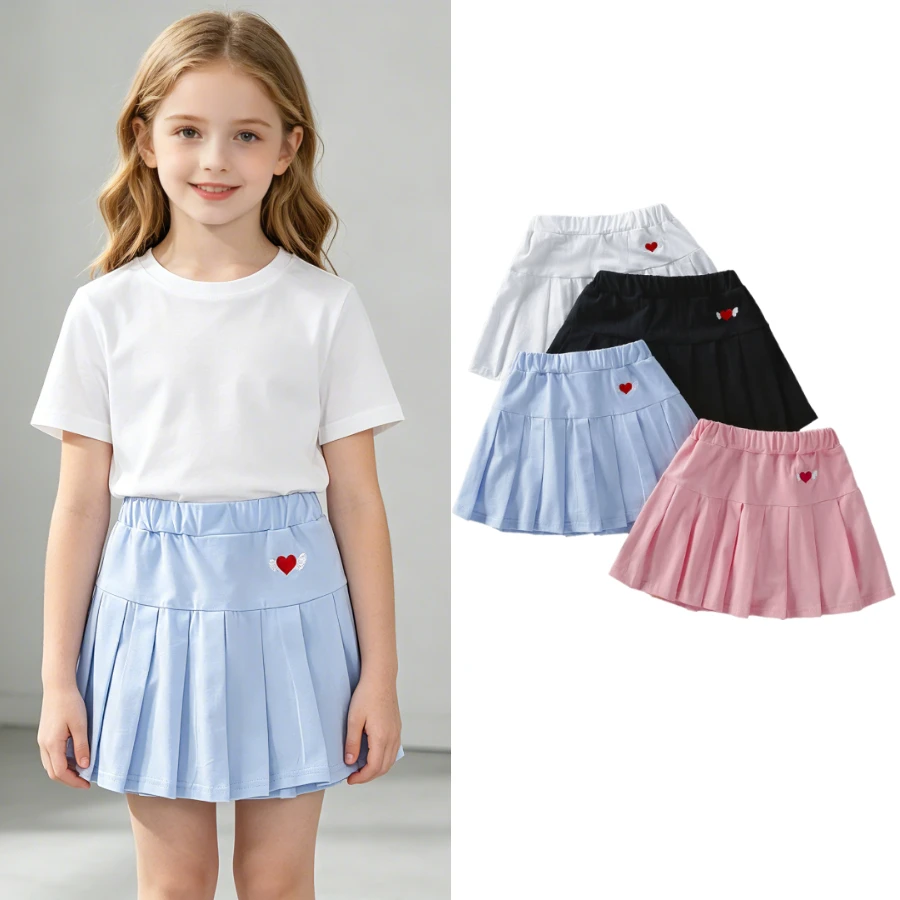 

Toddler Girls Heart Embroidered Pleated Cotton Skort Elastic Waist A-Line Flared Skirt Kids Summer Casual Daily Wear 2-8 Years