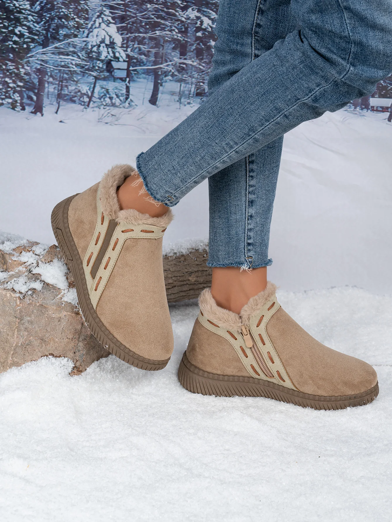 Damen-Winterstiefel Braun Damen-Knöchelstiefel mit seitlichem Reißverschluss, warm gefüttert mit Fleece, rutschfeste flache Schneestiefel für den täglichen Outdoor-Gebrauch. – Detail 6