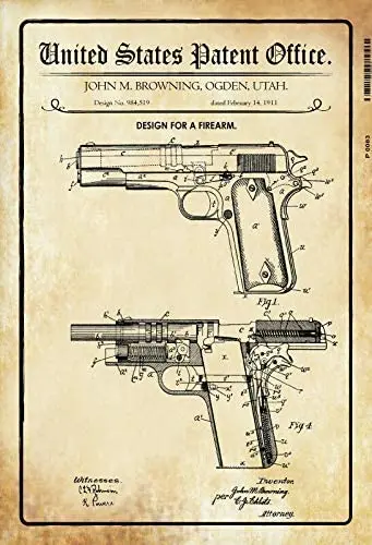 Stevenca Metal Tin Sign Us Gun Pistol Browning 1911 Vintage Look Custom Vintage Retro Aluminum Sign for Wall Decor 8x12 Inch