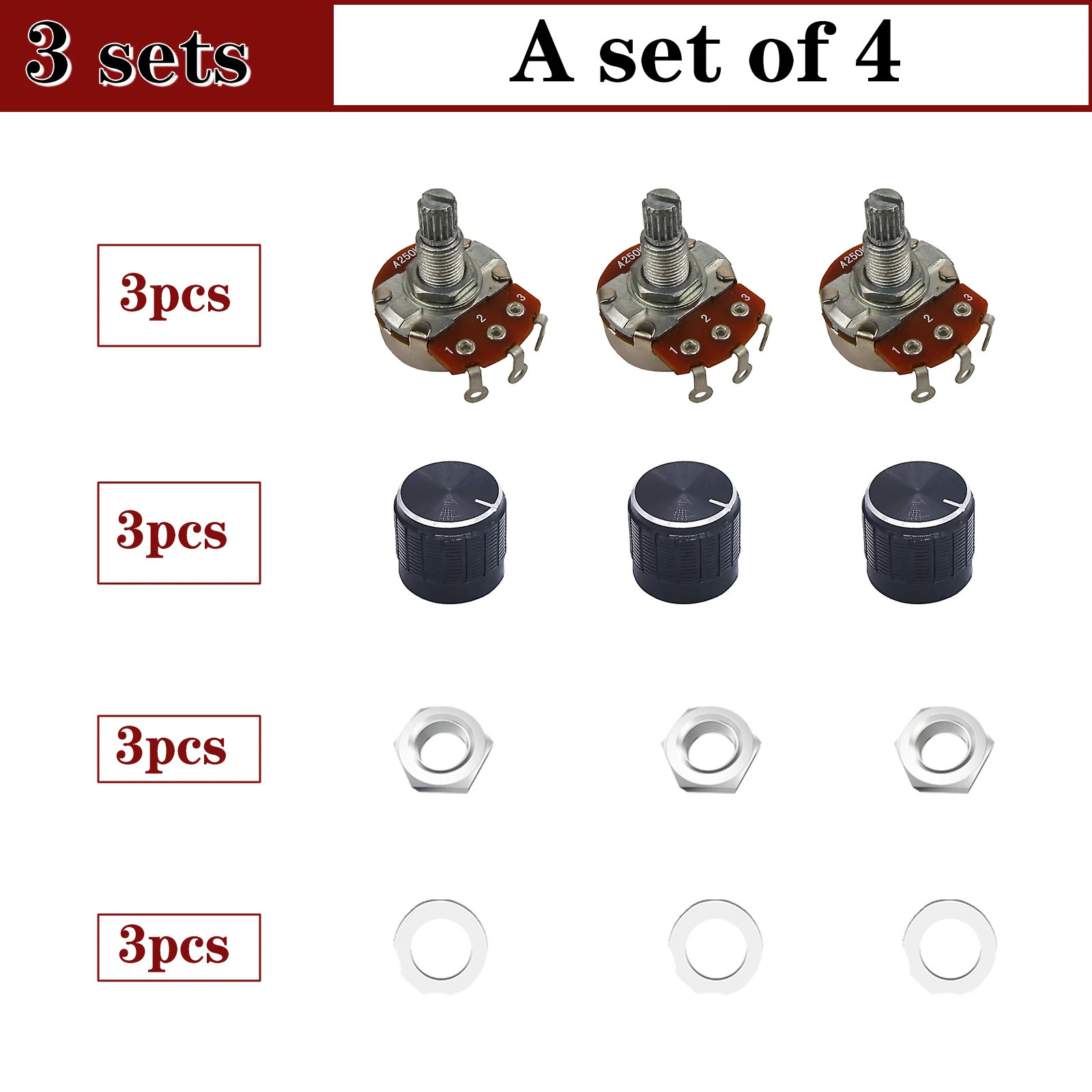 3 Sätze Gitarren potentiometer Bass teile Split Rändel topf elektrischer Effekt Amp Ton Volumen mit Metall knöpfen 15mm 18mm 250k 500k