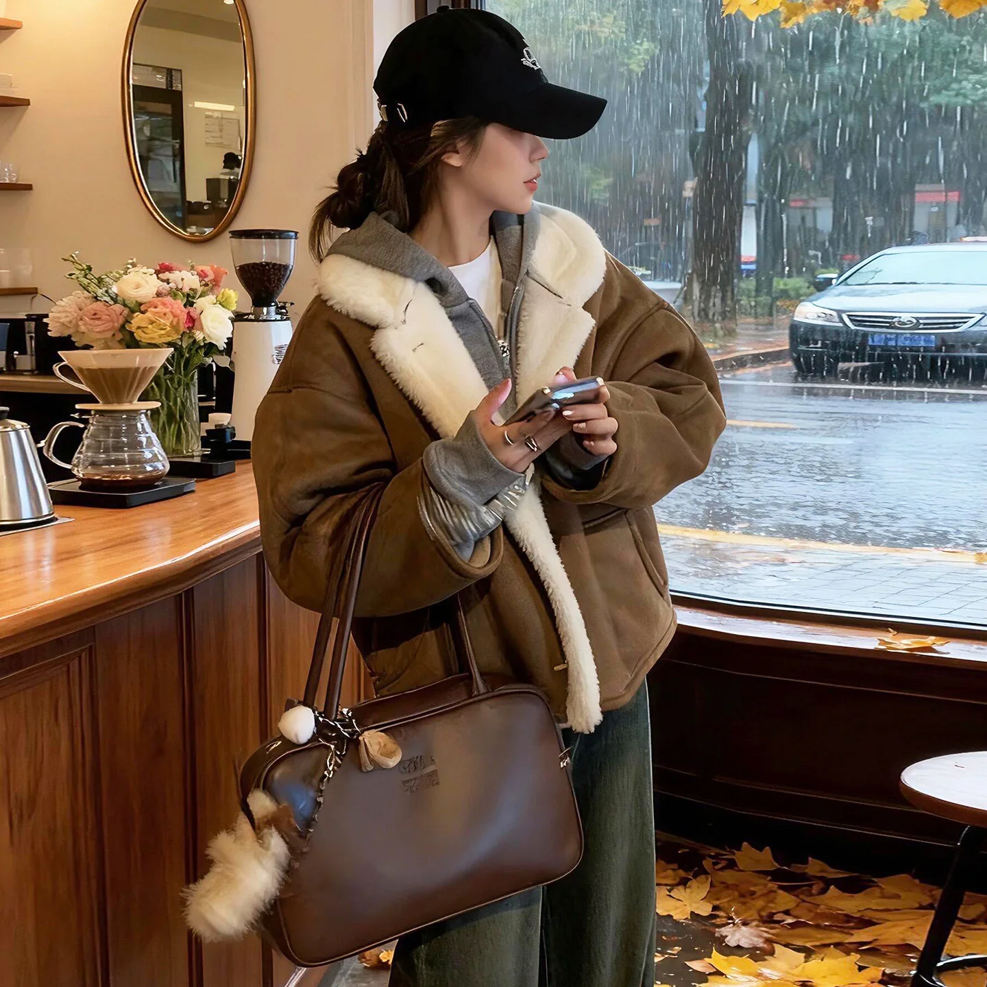Short Loose Faux Lamb Fur Jacket Leather and Fur Plush Coats Single-breasted Lapel Women's Jackets Winter Warm Furry Outerwears