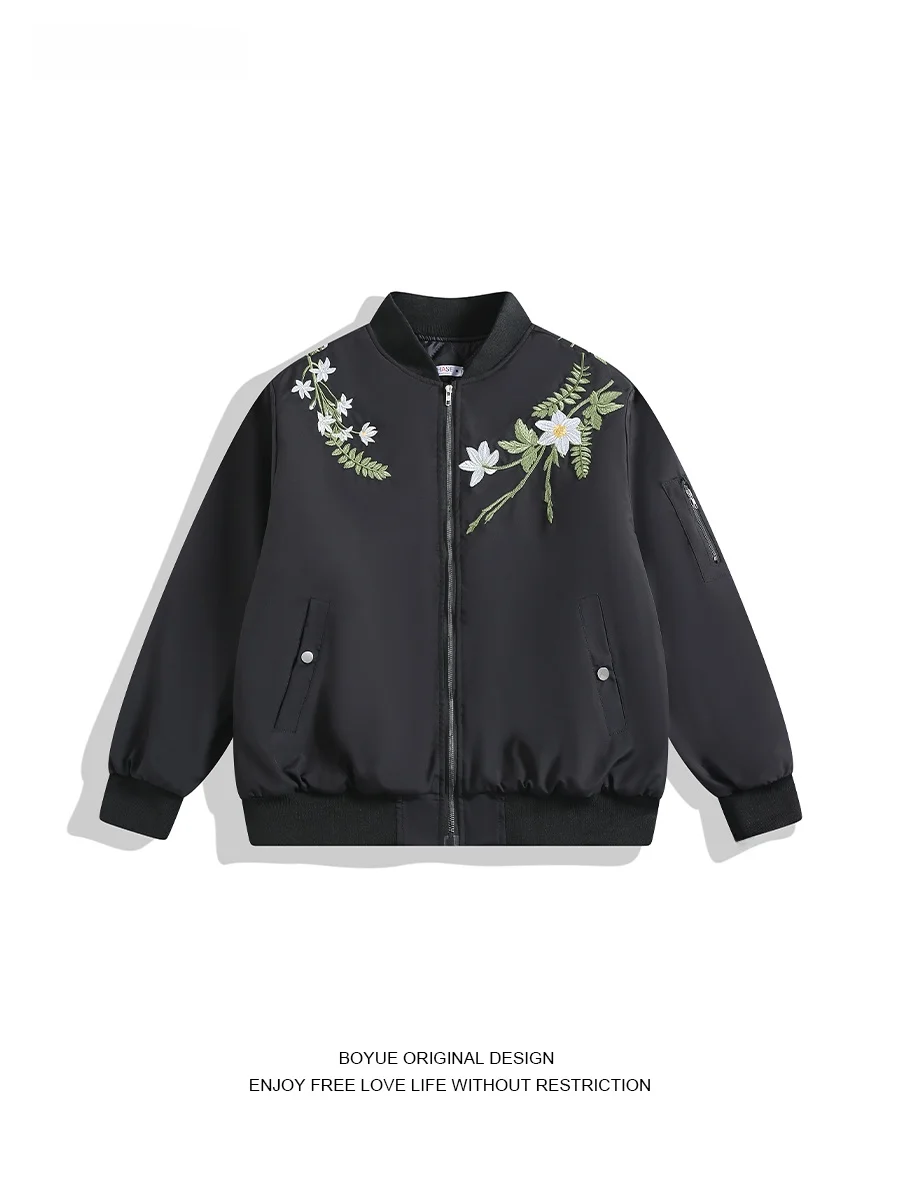 

Boyue American Retro Floral Embroidery Thickened Cotton Jacket Unisex Warm Quilted Baseball Coat Long Sleeve Cleanfit Zipper
