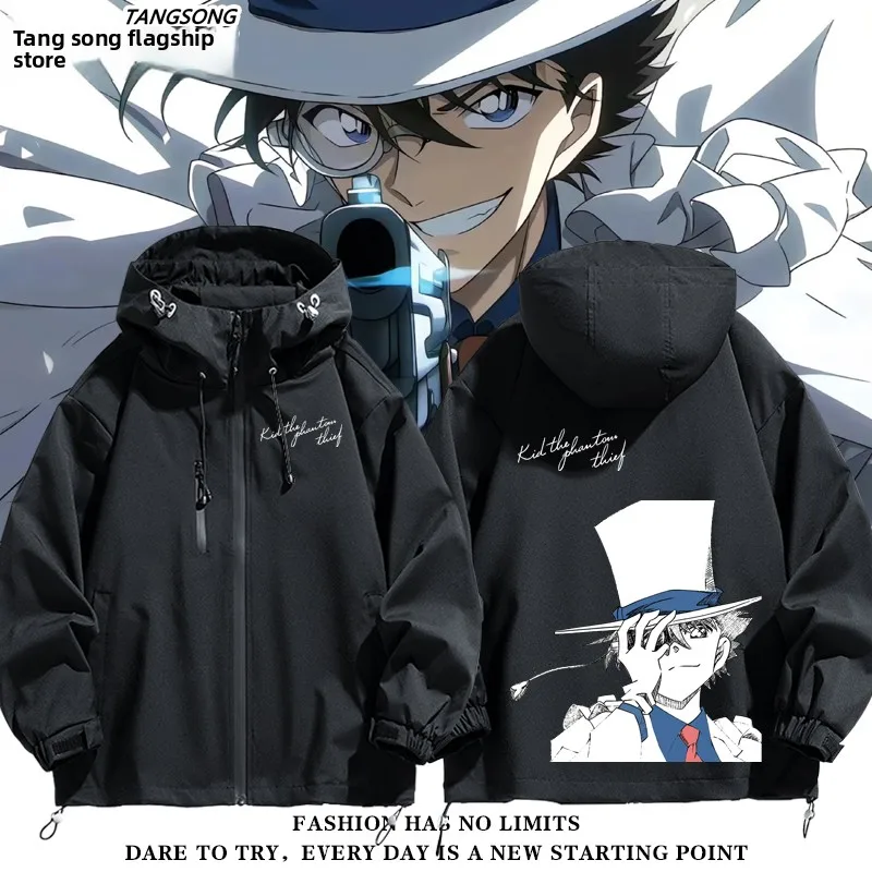 

Куртка-ветровка Conan Anime Anti-Theft Kid Jaet от модного бренда, ветрозащитная, из полиэстера, с длинными рукавами, на молнии, с капюшоном, для подростков