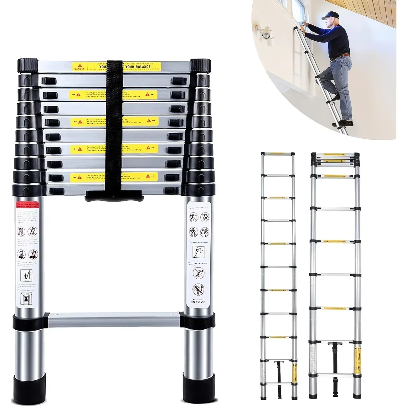 Échelle télescopique portable 3,2-6,3 m, échelle à marches extensible à un bouton, en alliage d'aluminium, pliable, multi-usages, outil ménager