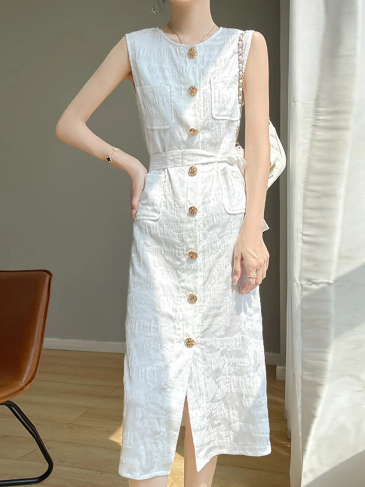 ファイオナブルな新作中国風スレラウンドネベルト付きアセテートサテン春夏レディースカーディガンAラインロングスカート