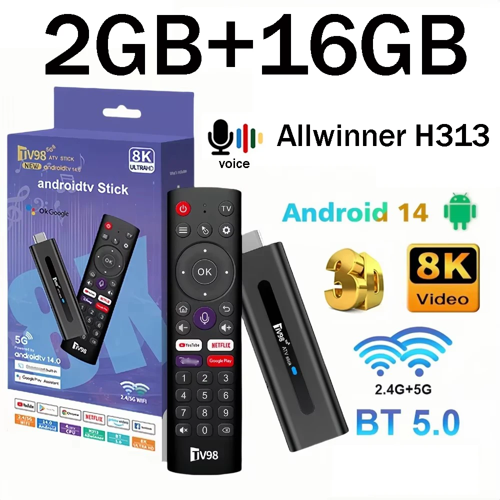 TV98 ATV 8K Smart TV Stick Android 14 ATV Allwinner H313 Support 4G 5G Wifi HD 4K 8K TV Box BT5.0 2GB 16GB Voice remote TV Box