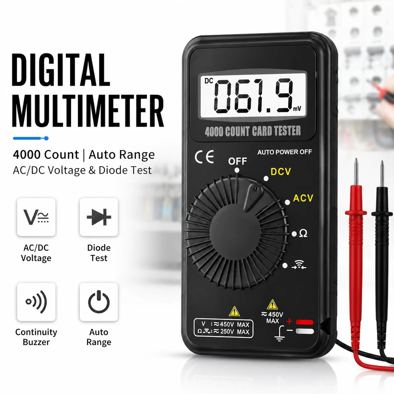 Mini Digital Multimeter 4000 Counts Auto Range AC/DC Voltage Tester Smart Pocket Voltmeter Resistance Diode Continuity Checker