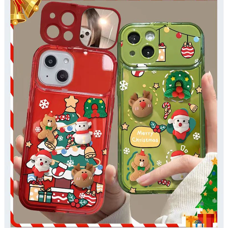 For iPhone16 Pro Max 15 14  12 11  Back Cover Santa Claus Elk Hat Pendant   Case Merry Christmas Gift Ornament Mirror Phone Capa