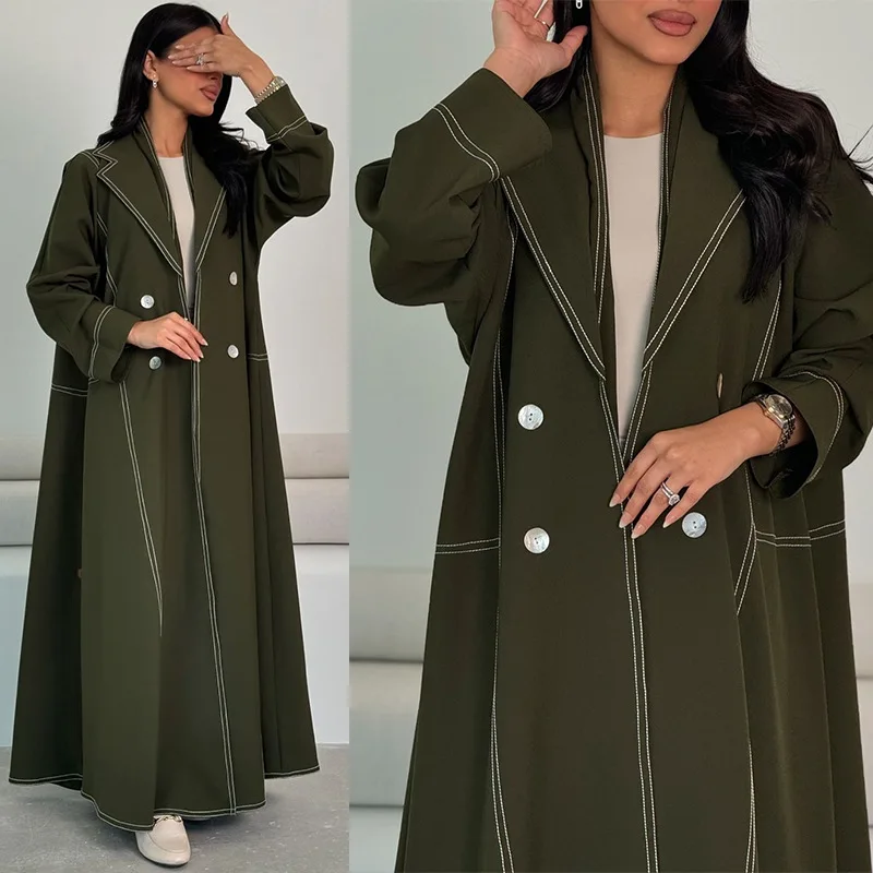 

European Muslim Trench Coat Jacket Double-breasted Fashion Long Button Abaya Robe Solid Color Loose