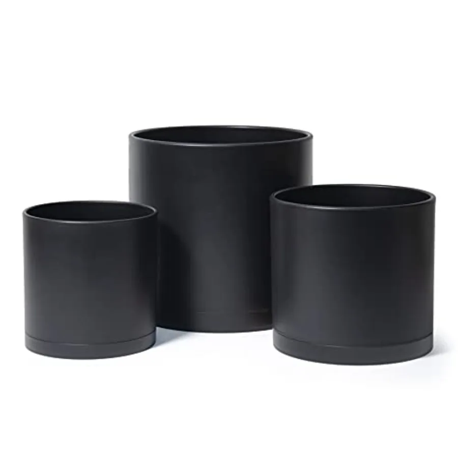 

8 Inch 10 Inch 12 Inch, Set of 3 Plastic Planter Pots for Plants with Drainage Hole and Seamless Saucers, Black Color, X-, 74-V