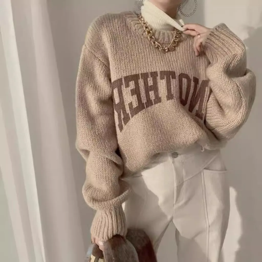 

Korean Printed Letter Casual Sweater Candy Color Loose Thickened Warm Fashionable Women's Knitwear Top