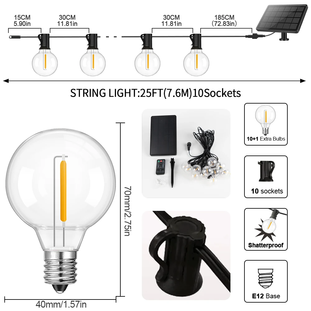 Solar String Lights G40 Patio Lights with LED Shatterproof Bulbs weatherproof Camping Garland Hanging Lights for Backyard Bistro