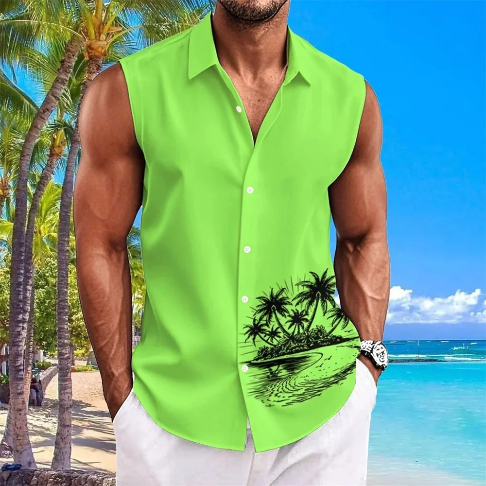 Hawaiian Shirts For Men Coconut Tree Print Simple Fashion Men Clothing Oversized Shirts Sleeveless Top Lapel T-Shirt Men's Shirt