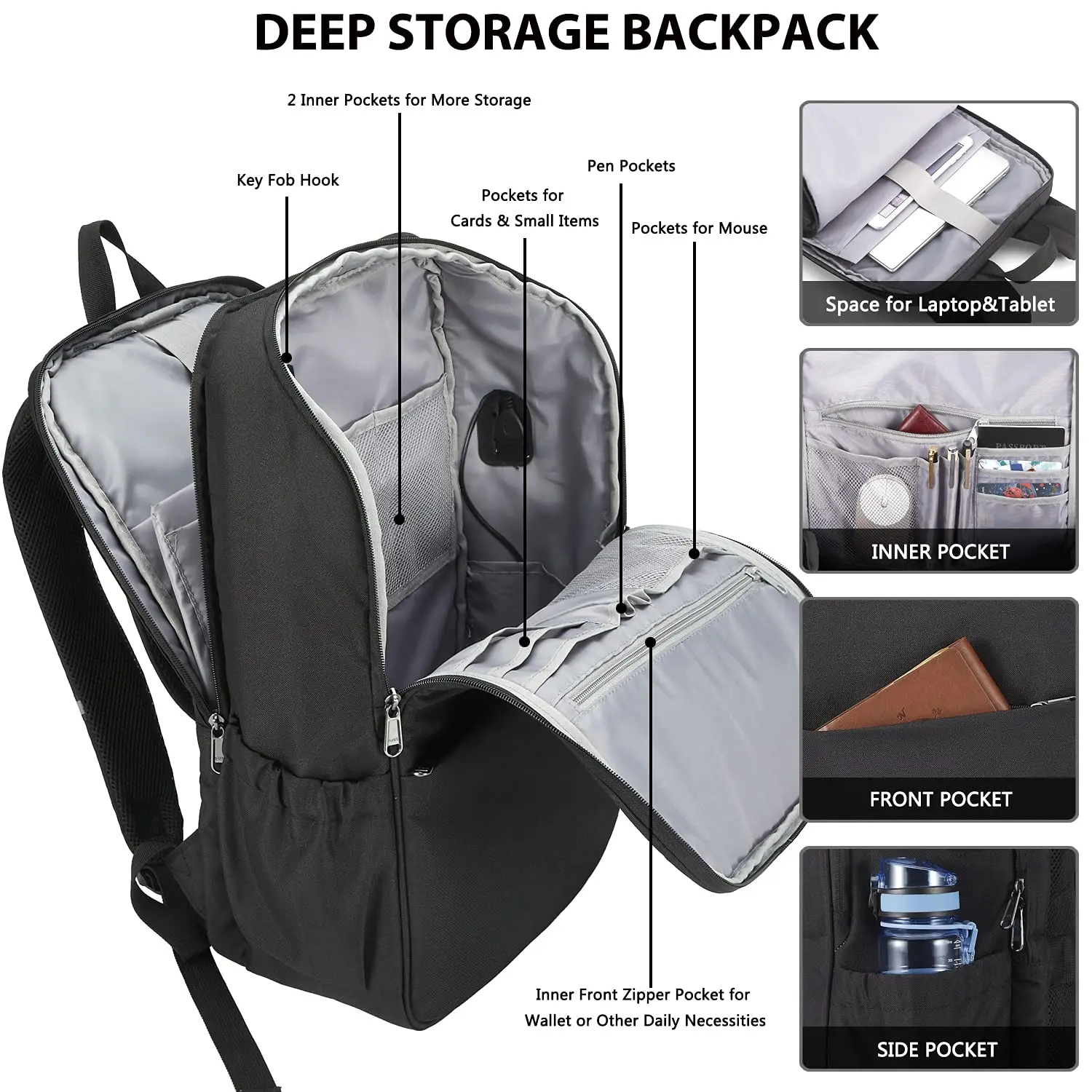 MAXTOP-Mochila Laptop de Viagem com Porta de Carregamento USB, Anti-Roubo, Resistente à Água, Mochila Universitária, Fits 17 \