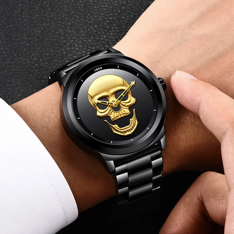 LIGE Punk Gold Skull Mens Watches Creative Quartz Wrist Watch for Men Stainless Waterproof Luminous Watch Man Relogio Masculino