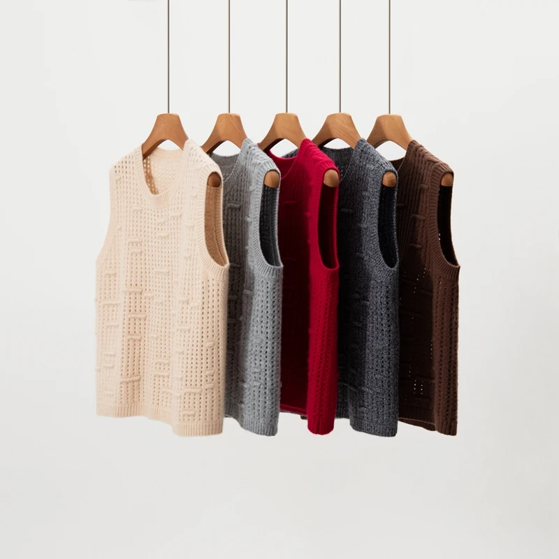 

Женский кашемировый жилет-пуловер с круглым вырезом, весна-осень, модный, однотонный, свободного кроя, без рукавов, вязаный