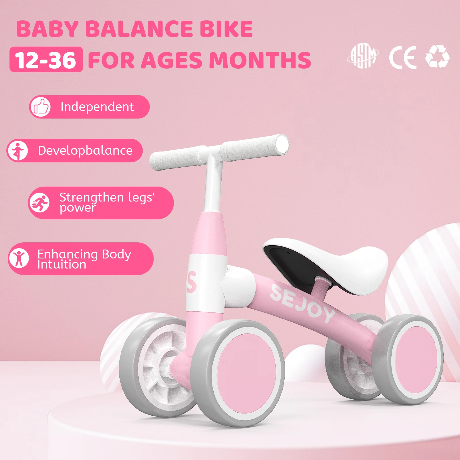 Sejoy Baby Balance Bike for 12-36 Month Toddler Riding Toy 4 Wheels Toddler First Bike,Birthday Gifts Boys Girls,Green/Pink