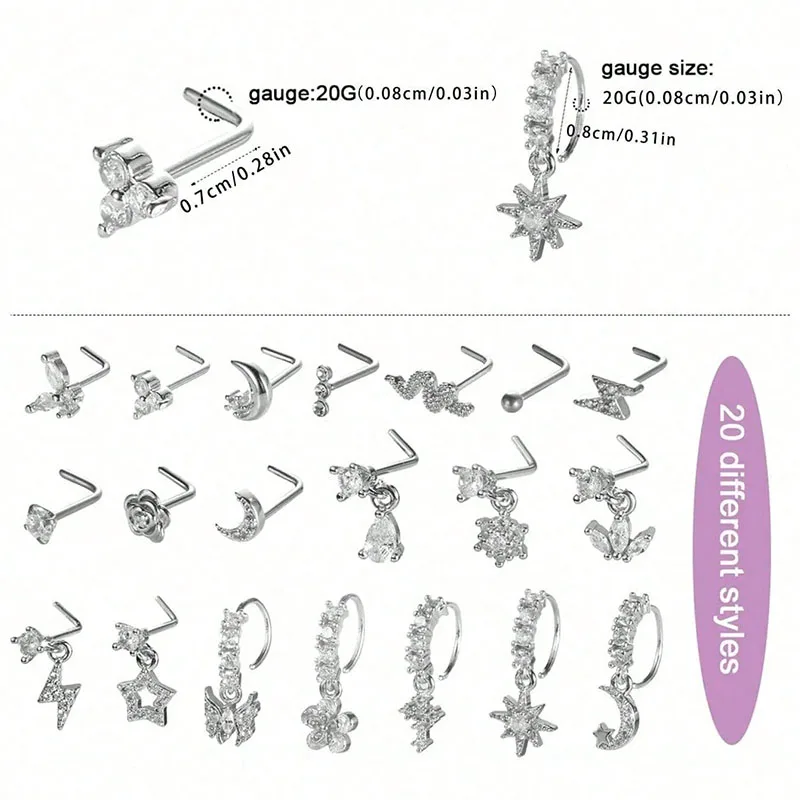Multi-Style CZ Flower Dangle Nose Ring Pack of 20, 20G L-Bend Stainless Steel Nostril Hoop & Cartilage Ear Stud Jewelry