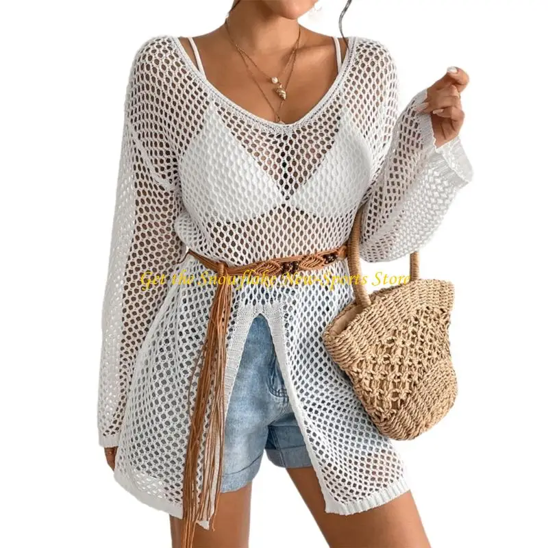 E56D Long Sleeve Crochet Knit Swimsuit Coverup Shirt Long Sleeve Bathing Suit Dress