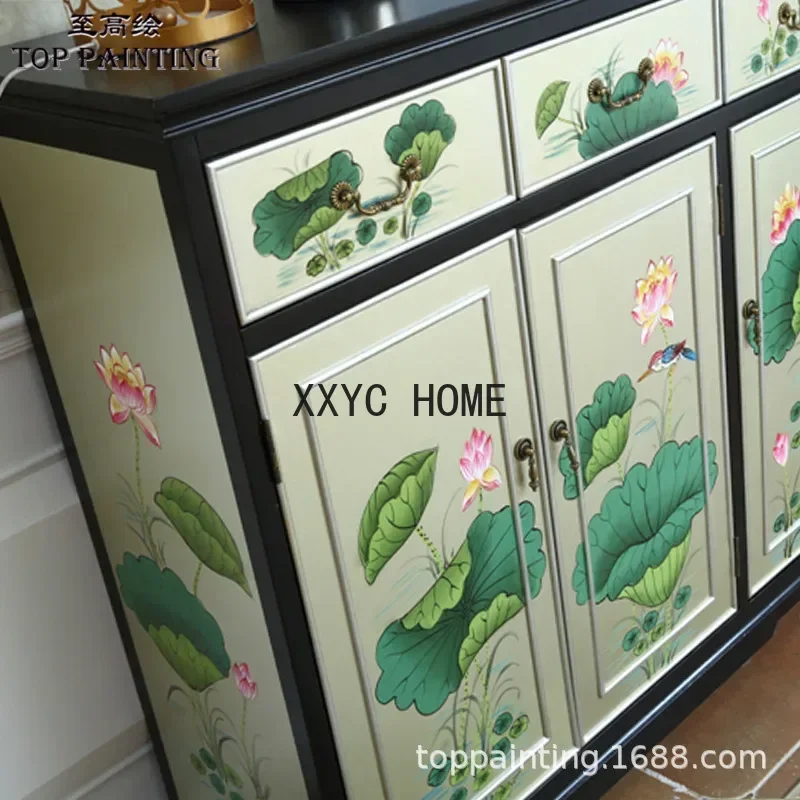 Solid Wood Painted Lotus New Classical Entrance Cabinet Screen Hallway