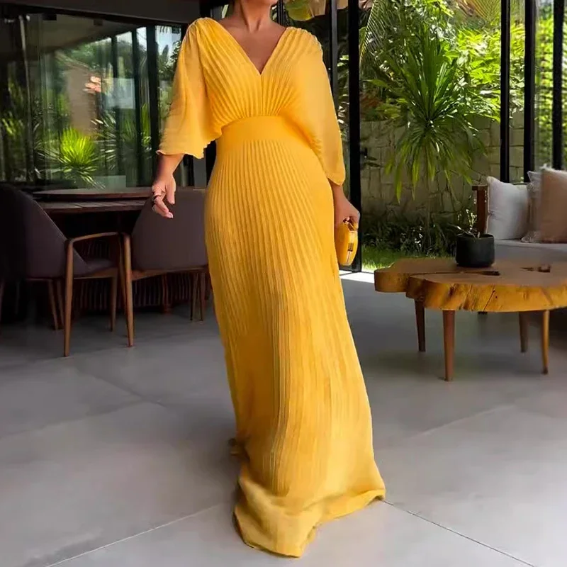 Women\'s Casual 3/4 Sleeved Solid Robe Dresses Summer Hollow Backless Pleated Long Dress Elegant V-neck High Waist Evening Dress